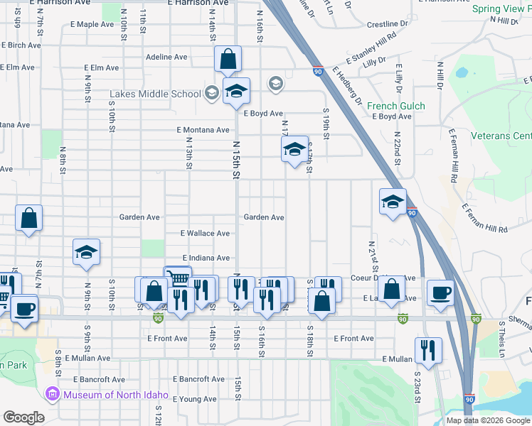 map of restaurants, bars, coffee shops, grocery stores, and more near 1605 East Garden Avenue in Coeur d'Alene