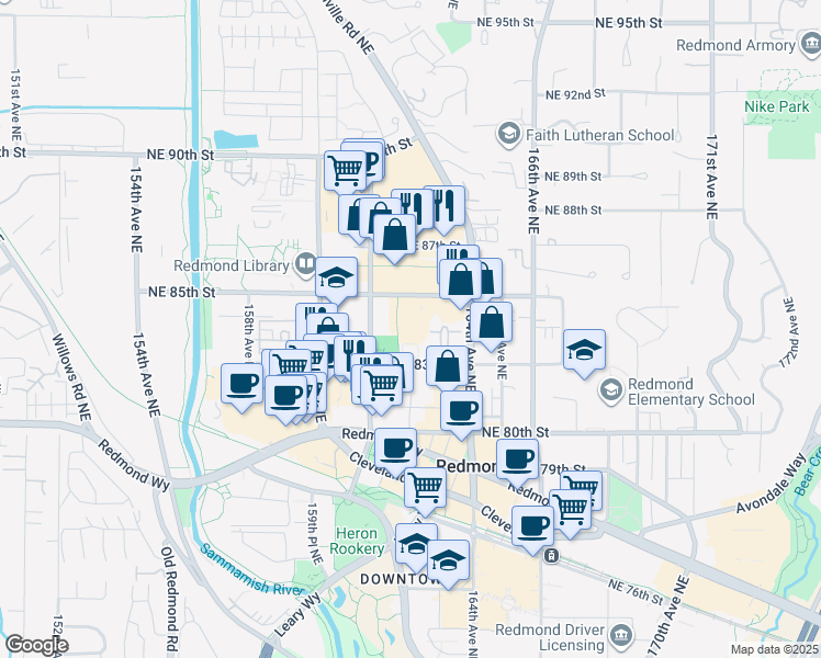 map of restaurants, bars, coffee shops, grocery stores, and more near 16135 Northeast 85th Street in Redmond