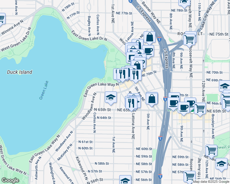 map of restaurants, bars, coffee shops, grocery stores, and more near 6805 Woodlawn Avenue Northeast in Seattle