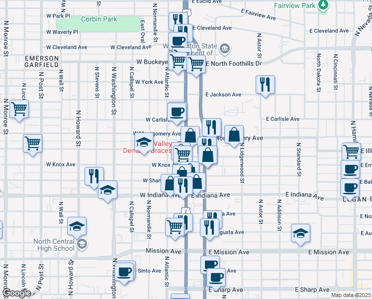 map of restaurants, bars, coffee shops, grocery stores, and more near 2 West Mansfield Avenue in Spokane