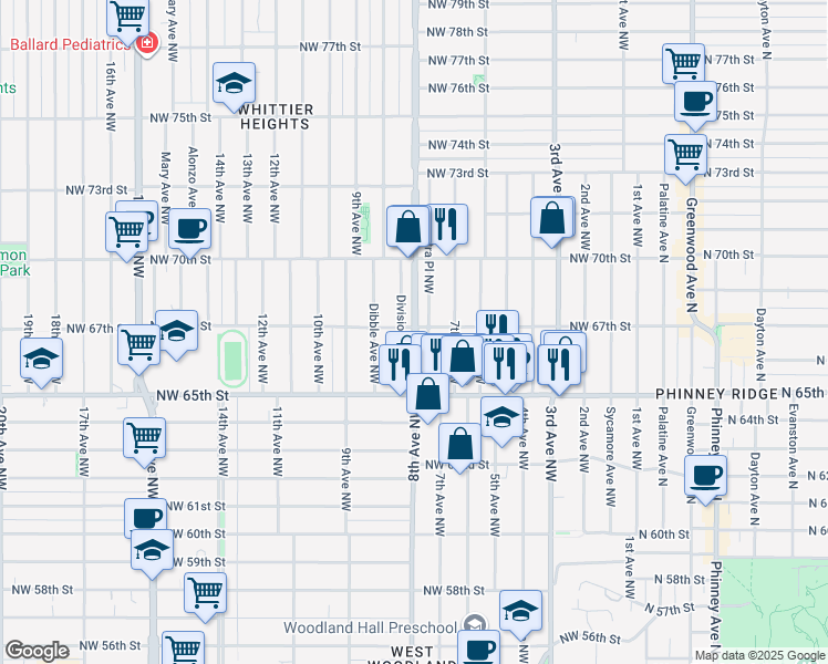 map of restaurants, bars, coffee shops, grocery stores, and more near 6677 8th Avenue Northwest in Seattle