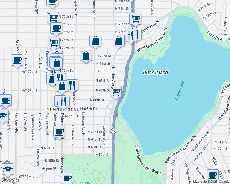 map of restaurants, bars, coffee shops, grocery stores, and more near 6619 Linden Avenue North in Seattle