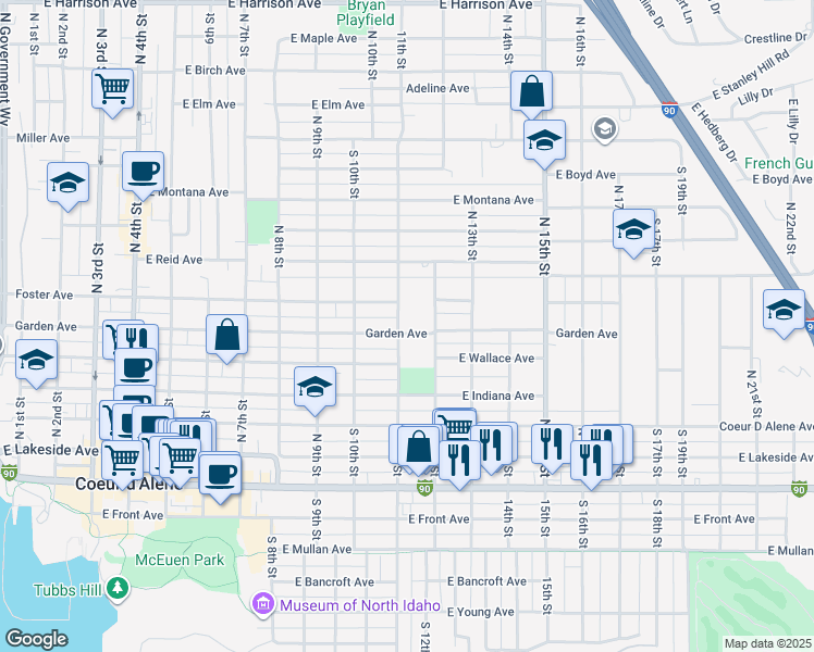 map of restaurants, bars, coffee shops, grocery stores, and more near 602 North 11th Street in Coeur d'Alene