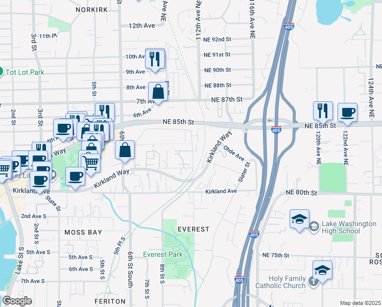 map of restaurants, bars, coffee shops, grocery stores, and more near 916 3rd Avenue in Kirkland