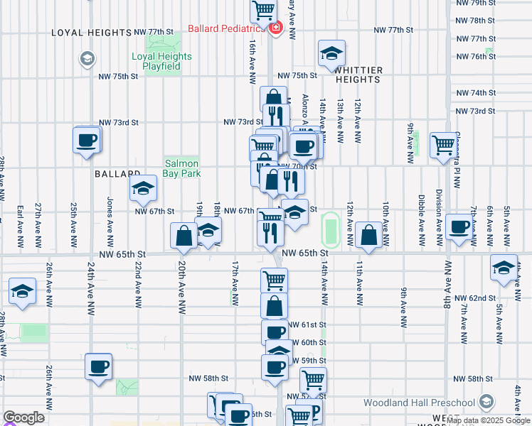 map of restaurants, bars, coffee shops, grocery stores, and more near 6558 16th Avenue Northwest in Seattle