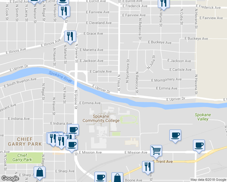 map of restaurants, bars, coffee shops, grocery stores, and more near 3518 East Montgomery Avenue in Spokane
