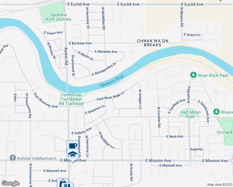 map of restaurants, bars, coffee shops, grocery stores, and more near 19127 East River Walk Lane in Spokane Valley