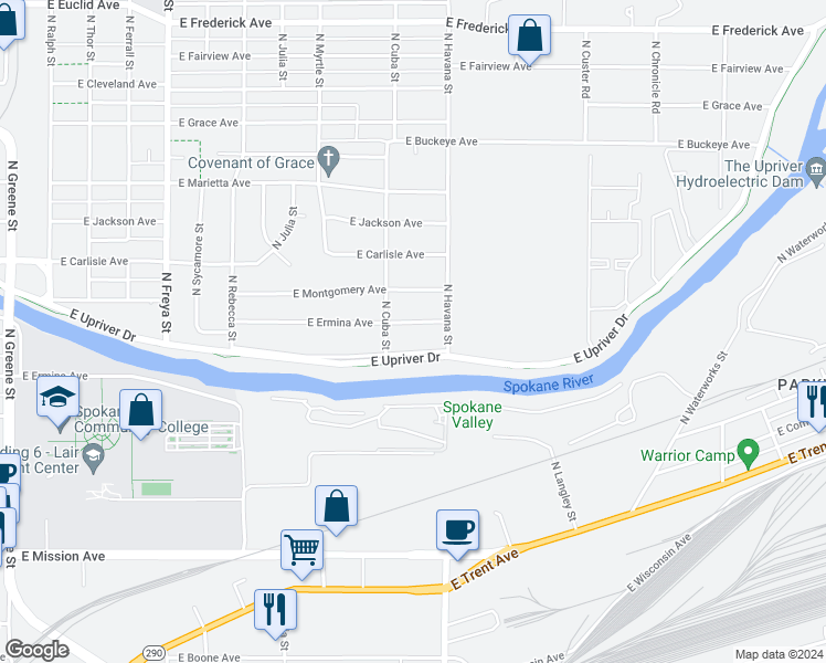 map of restaurants, bars, coffee shops, grocery stores, and more near 4218 East Ermina Avenue in Spokane