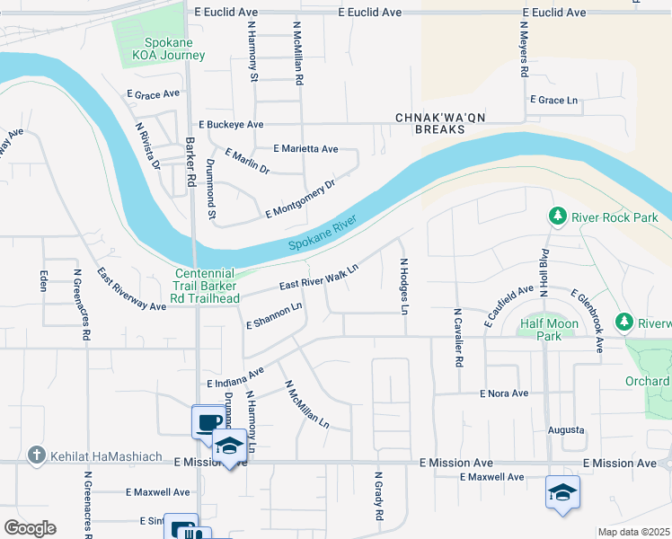 map of restaurants, bars, coffee shops, grocery stores, and more near 19127 East River Walk Lane in Spokane Valley