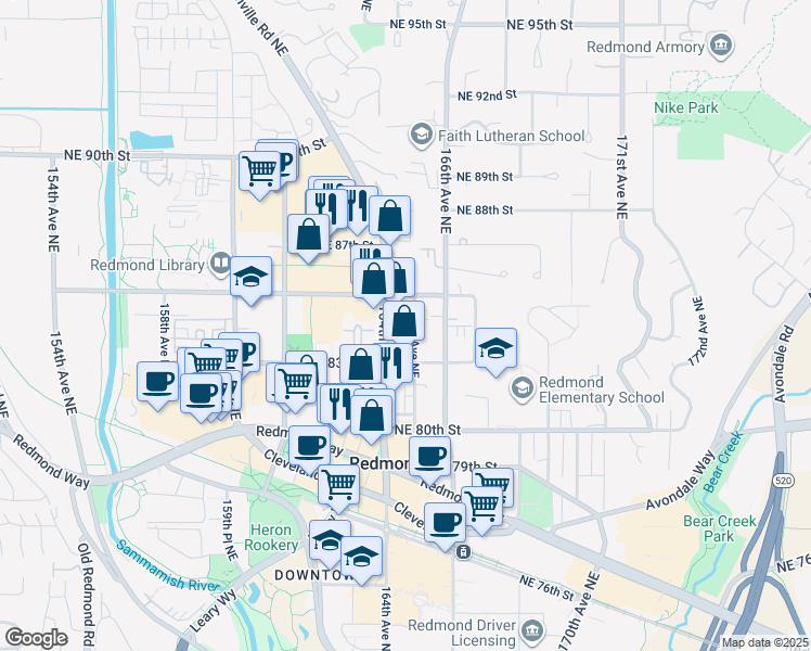 map of restaurants, bars, coffee shops, grocery stores, and more near 8405 165th Avenue Northeast in Redmond
