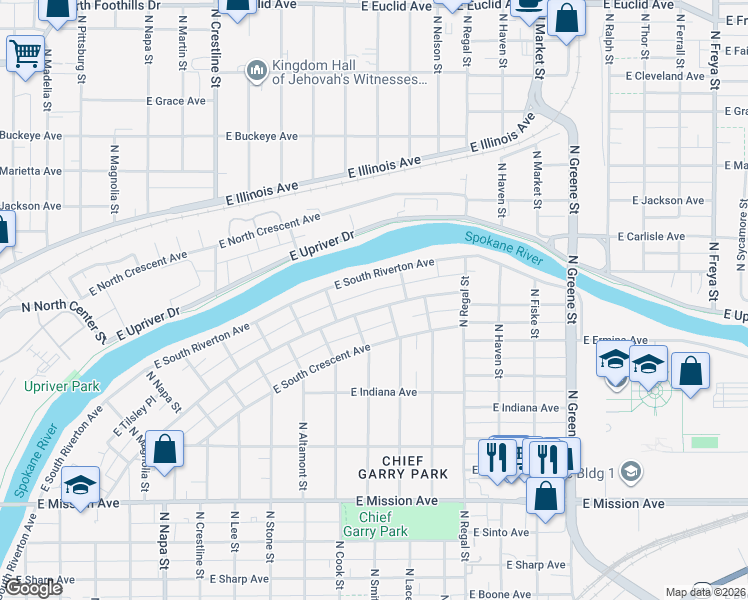 map of restaurants, bars, coffee shops, grocery stores, and more near 2603 East Marshall Avenue in Spokane