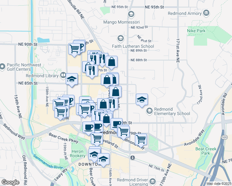 map of restaurants, bars, coffee shops, grocery stores, and more near 8405 165th Avenue Northeast in Redmond