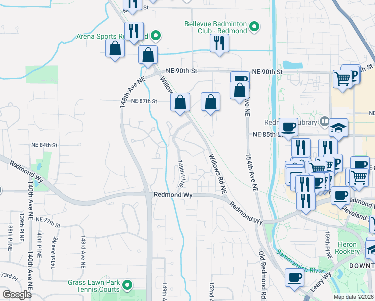 map of restaurants, bars, coffee shops, grocery stores, and more near 8501 Willows Road Northeast in Redmond