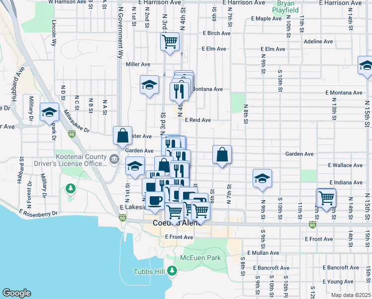 map of restaurants, bars, coffee shops, grocery stores, and more near 411 East Garden Avenue in Coeur d'Alene