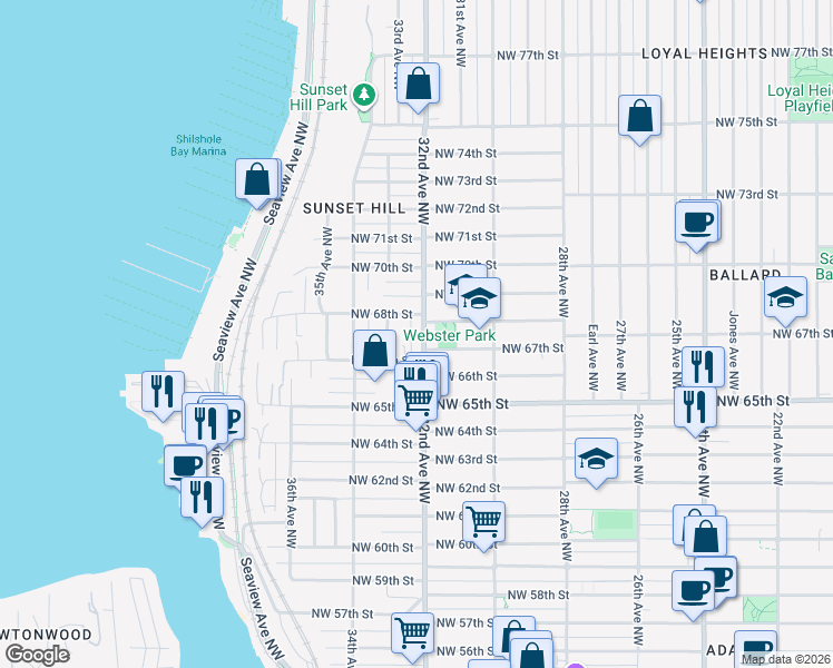 map of restaurants, bars, coffee shops, grocery stores, and more near 6721 32nd Avenue Northwest in Seattle