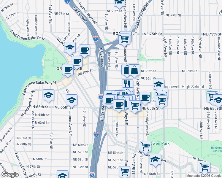 map of restaurants, bars, coffee shops, grocery stores, and more near 800 Northeast 67th Street in Seattle