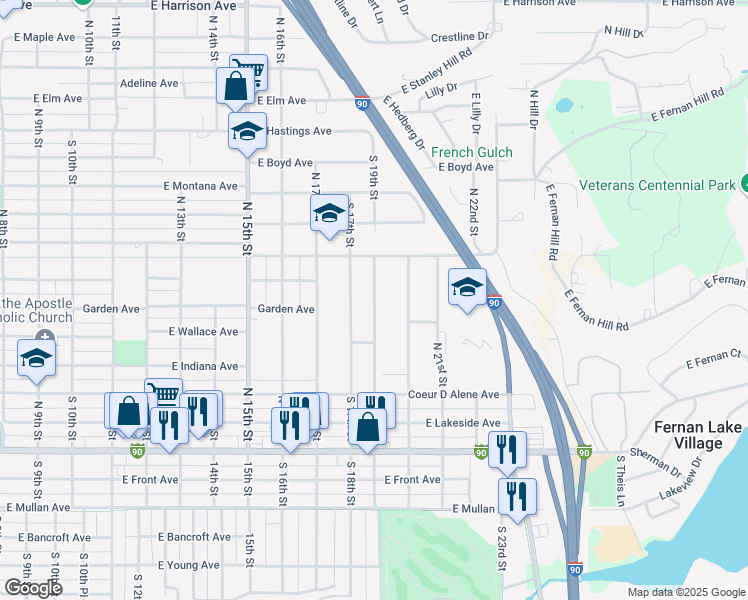 map of restaurants, bars, coffee shops, grocery stores, and more near 602 North 18th Street in Coeur d'Alene
