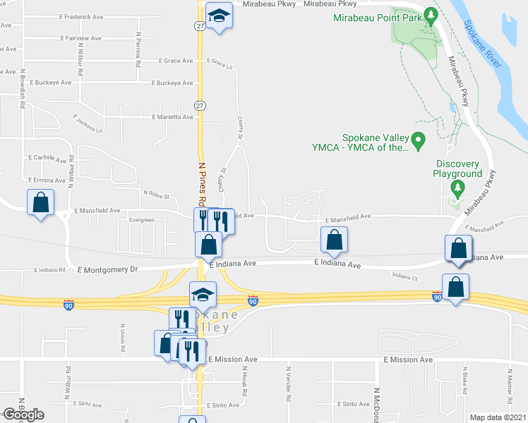map of restaurants, bars, coffee shops, grocery stores, and more near 2206 North Houk Road in Spokane Valley