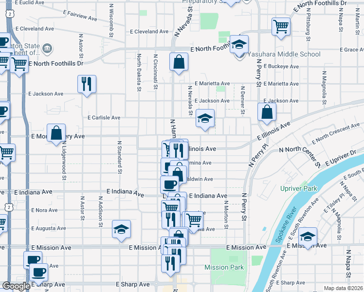 map of restaurants, bars, coffee shops, grocery stores, and more near 910 East Illinois Avenue in Spokane