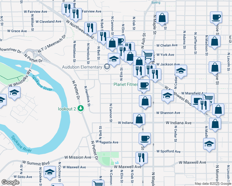 map of restaurants, bars, coffee shops, grocery stores, and more near 1923 West Mansfield Avenue in Spokane