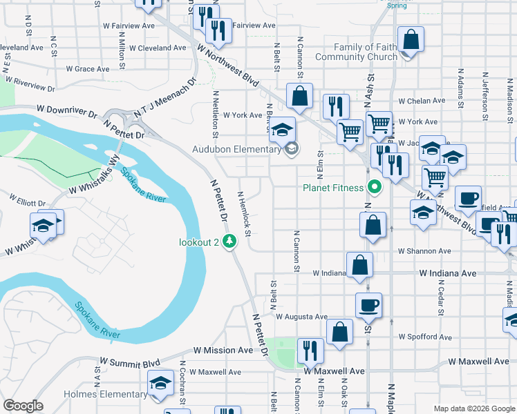 map of restaurants, bars, coffee shops, grocery stores, and more near 2112 West Mansfield Court in Spokane