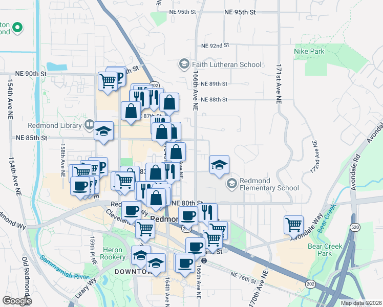 map of restaurants, bars, coffee shops, grocery stores, and more near 8357 166th Avenue Northeast in Redmond