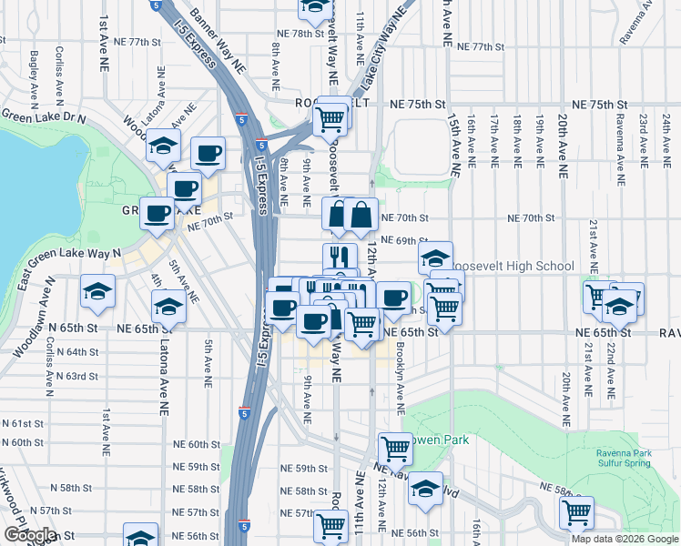 map of restaurants, bars, coffee shops, grocery stores, and more near 858 Northeast 67th Street in Seattle