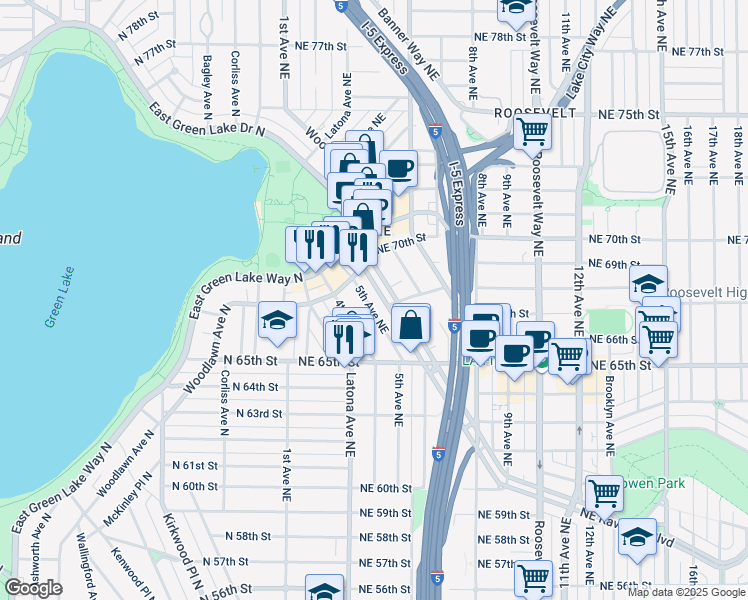 map of restaurants, bars, coffee shops, grocery stores, and more near 6571 5th Avenue Northeast in Seattle