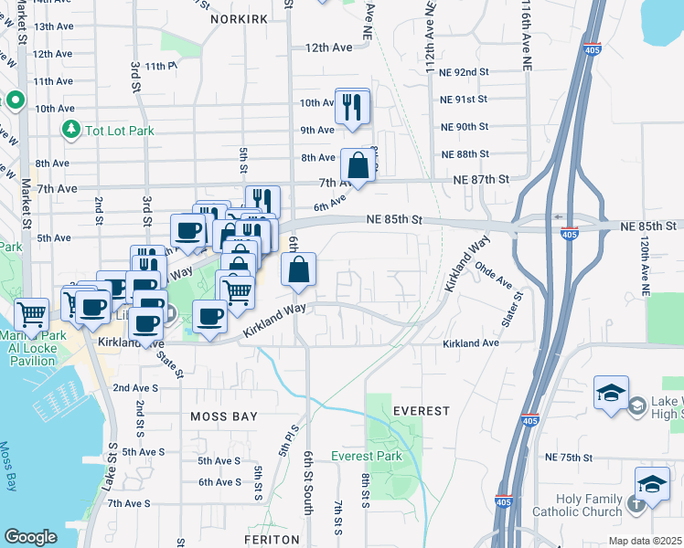 map of restaurants, bars, coffee shops, grocery stores, and more near 710 Kirkland Circle in Kirkland