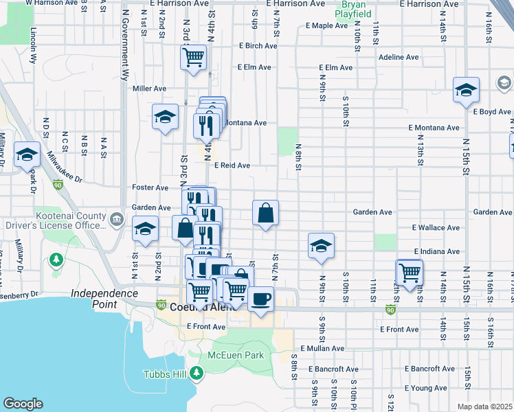 map of restaurants, bars, coffee shops, grocery stores, and more near 605 East Garden Avenue in Coeur d'Alene