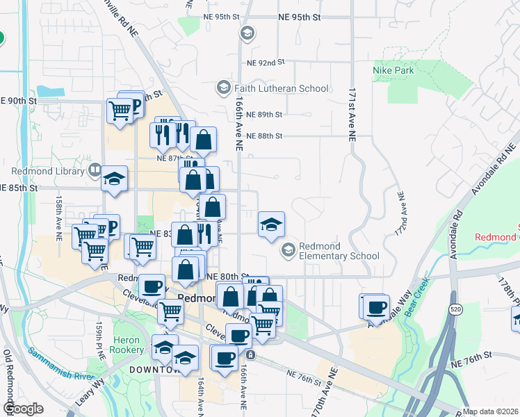 map of restaurants, bars, coffee shops, grocery stores, and more near 8372 167th Avenue Northeast in Redmond