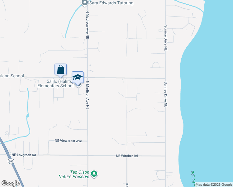 map of restaurants, bars, coffee shops, grocery stores, and more near 12615 Kallgren Road Northeast in Bainbridge Island