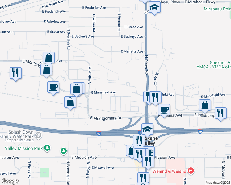 map of restaurants, bars, coffee shops, grocery stores, and more near 11921 E Mansfield Ave in Spokane