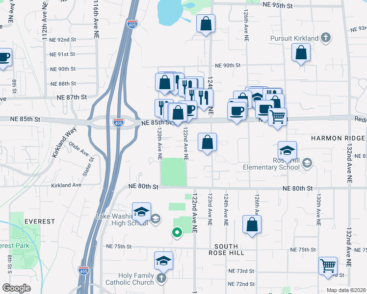 map of restaurants, bars, coffee shops, grocery stores, and more near 8216 122nd Avenue Northeast in Kirkland