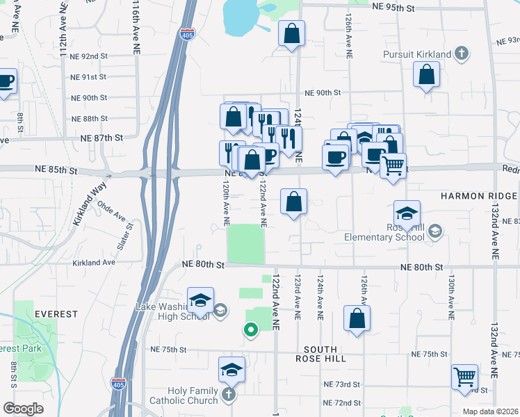 map of restaurants, bars, coffee shops, grocery stores, and more near 8235 122nd Avenue Northeast in Kirkland