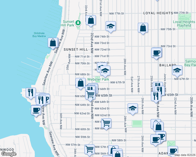 map of restaurants, bars, coffee shops, grocery stores, and more near 3025 Northwest 68th Street in Seattle