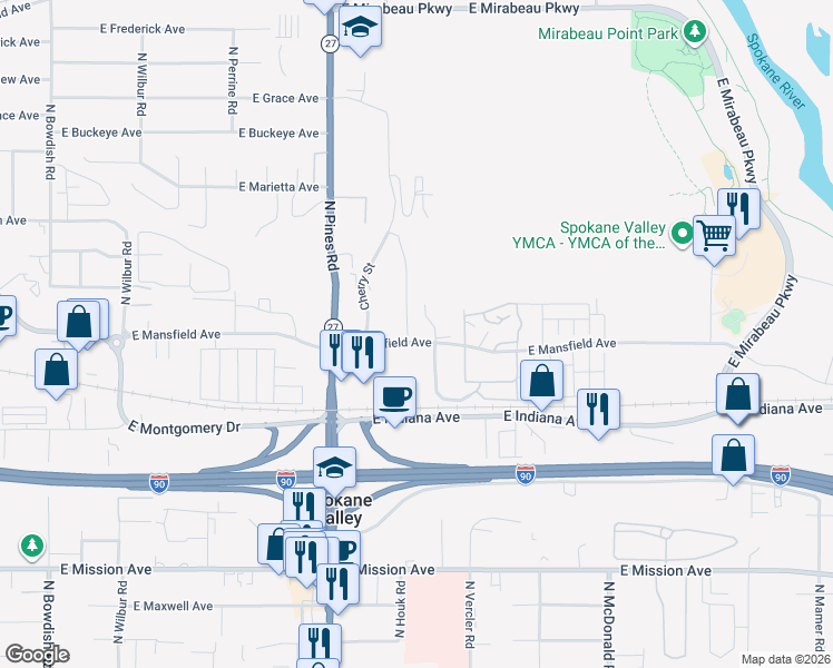 map of restaurants, bars, coffee shops, grocery stores, and more near 12505 East Mansfield Avenue in Spokane Valley