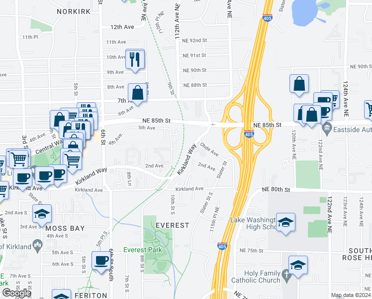 map of restaurants, bars, coffee shops, grocery stores, and more near 8423 114th Avenue Northeast in Kirkland