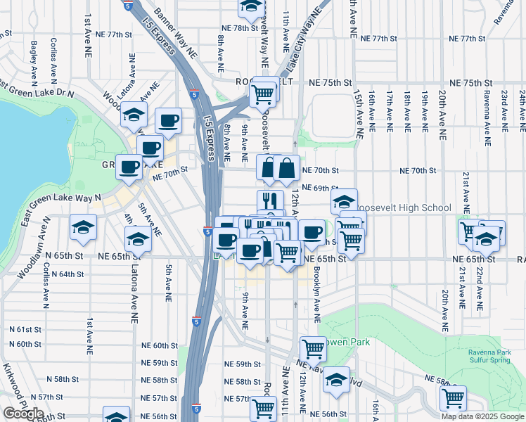 map of restaurants, bars, coffee shops, grocery stores, and more near 858 Northeast 67th Street in Seattle