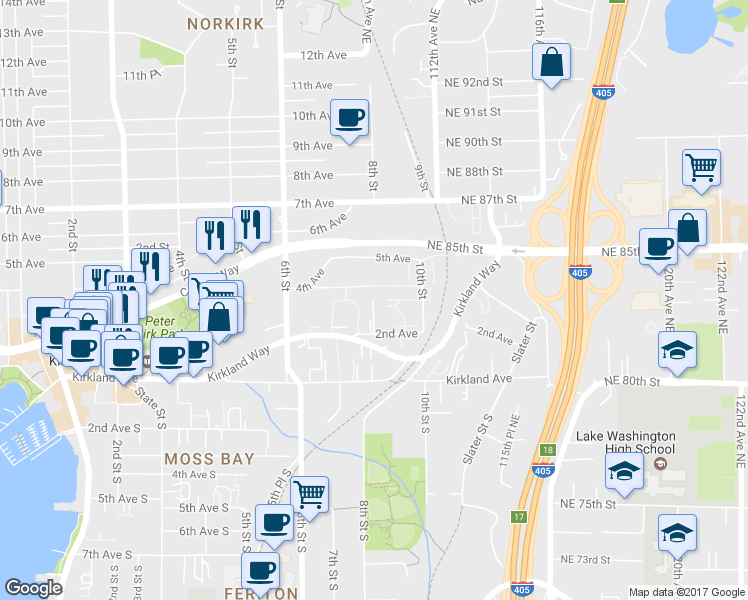 map of restaurants, bars, coffee shops, grocery stores, and more near 828 2nd Avenue in Kirkland