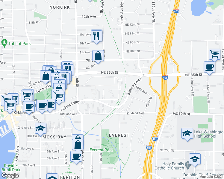 map of restaurants, bars, coffee shops, grocery stores, and more near 949 3rd Avenue in Kirkland