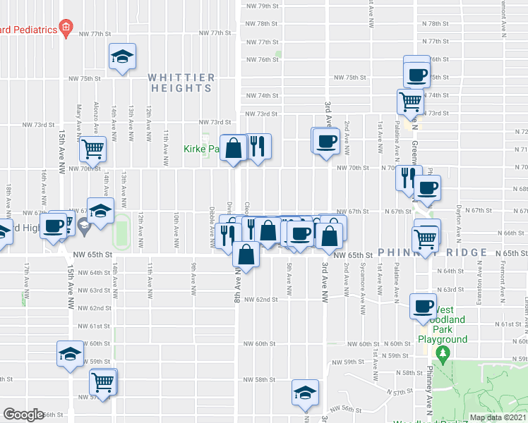 map of restaurants, bars, coffee shops, grocery stores, and more near 7th Avenue Northwest & Northwest 67th Street in Seattle