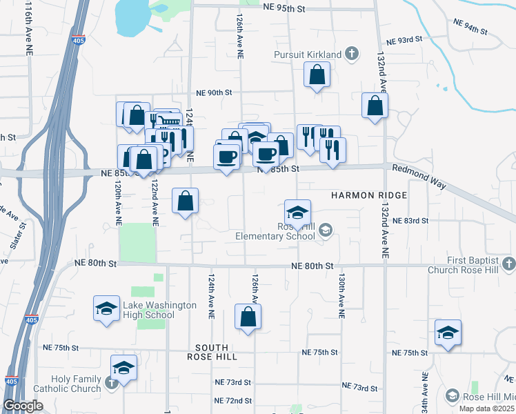 map of restaurants, bars, coffee shops, grocery stores, and more near 8226 126th Avenue Northeast in Kirkland