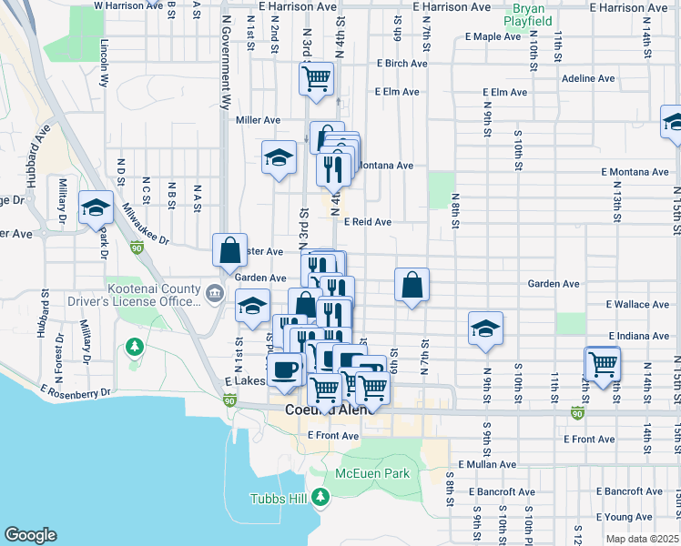 map of restaurants, bars, coffee shops, grocery stores, and more near 411 East Garden Avenue in Coeur d'Alene
