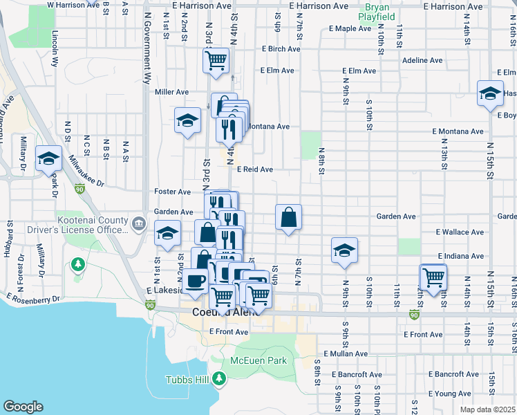 map of restaurants, bars, coffee shops, grocery stores, and more near 502 North 5th Street in Coeur d'Alene