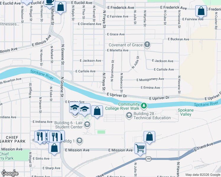 map of restaurants, bars, coffee shops, grocery stores, and more near 2104 North Freya Street in Spokane