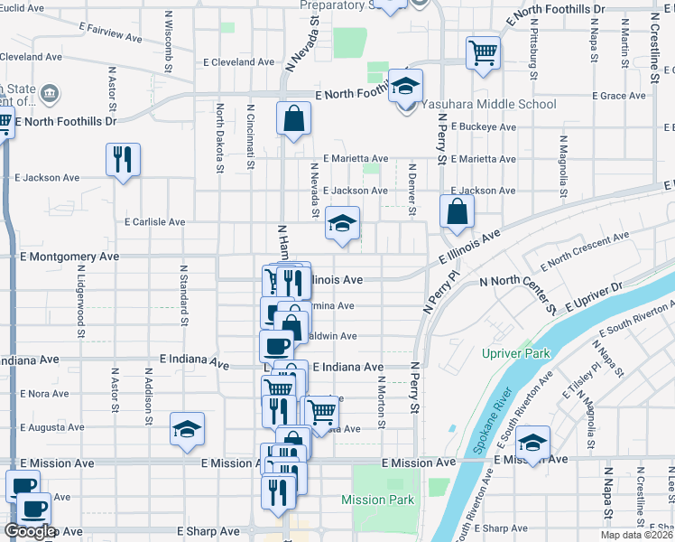 map of restaurants, bars, coffee shops, grocery stores, and more near 948 East Illinois Avenue in Spokane