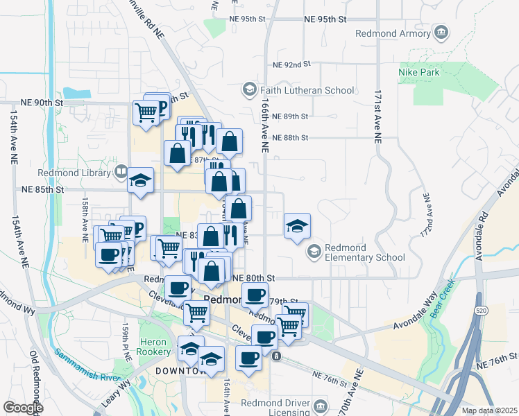 map of restaurants, bars, coffee shops, grocery stores, and more near 8357 166th Avenue Northeast in Redmond