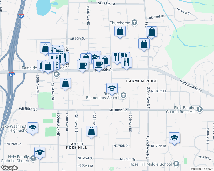 map of restaurants, bars, coffee shops, grocery stores, and more near 12701 Northeast 83rd Court in Kirkland