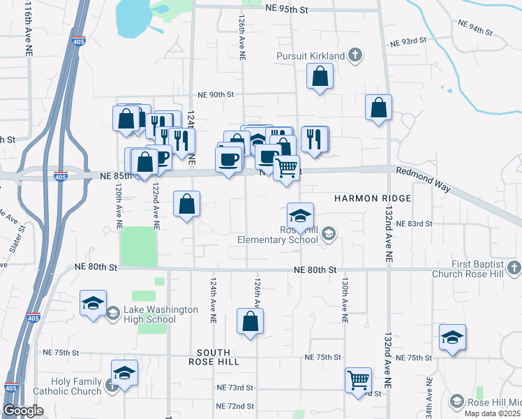 map of restaurants, bars, coffee shops, grocery stores, and more near 8202 126th Avenue Northeast in Kirkland